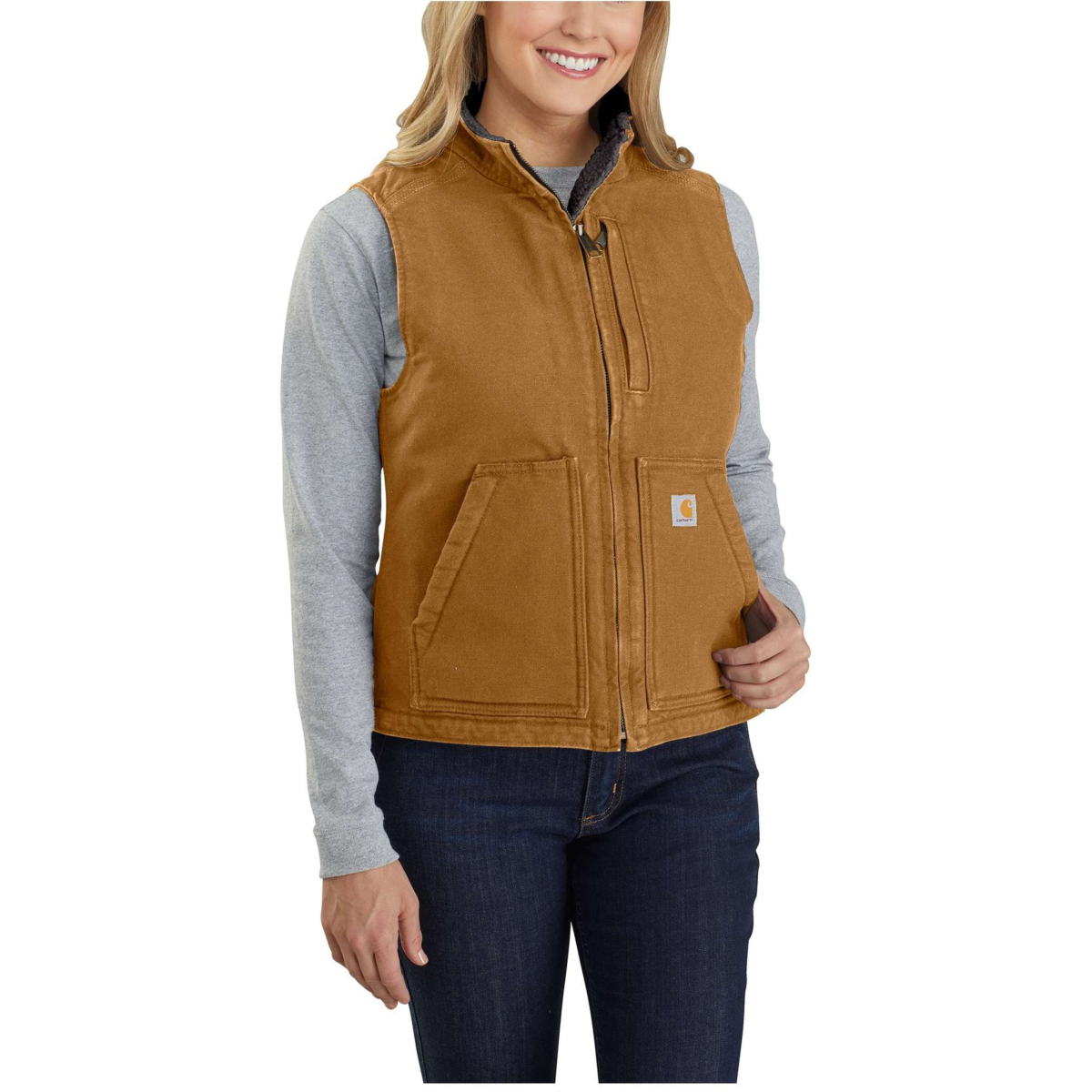 Locker geschnittene Weste mit gewaschenem Enten-Sherpa-Futter und Stehkragen